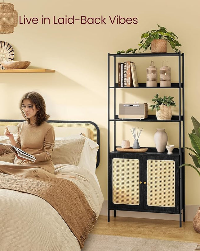 VASAGLE 6-Tier Bookcase, Bookshelf with Rattan-Like Door, Boho Style, Freestanding 30.1-Inch Wide Storage Shelf, Metal Frame, Adjustable Shelf, for Living Room, Ebony Black and Matte Black ULLS124B56 - LeafyLoom
