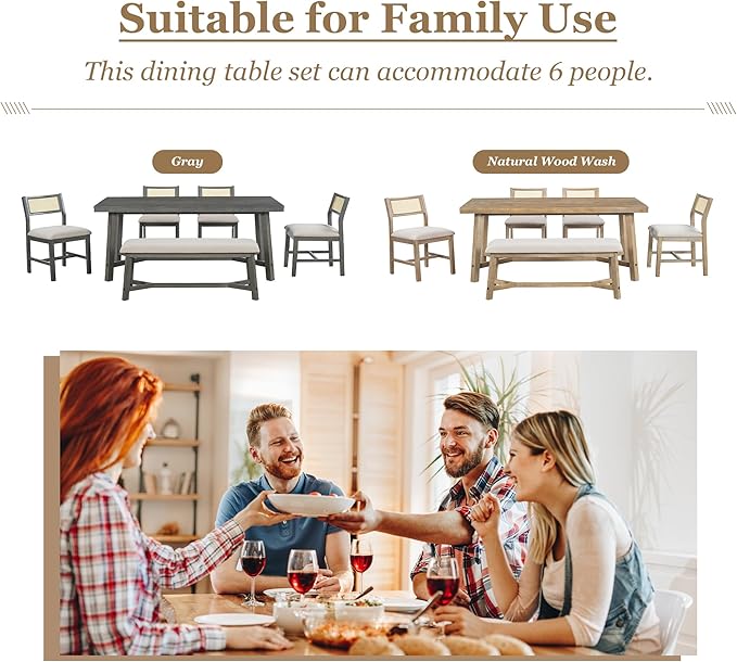 Merax 6-piece Retro Farmhouse Style Dining Set for 6 Wood Kitchen Rattan Backrest Upholstered Living Room, Home, 72" Rectangular Table+4 Chairs+1 Bench, Natural+Beige - LeafyLoom