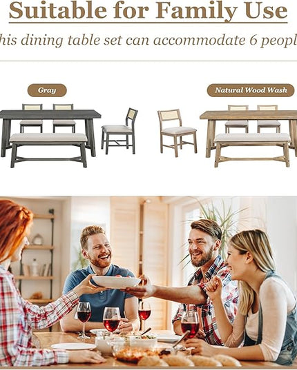 Merax 6-piece Retro Farmhouse Style Dining Set for 6 Rectangular Wood Kitchen Table with 4 Rattan Backrest Upholstered Chairs & Bench for Living Room, Home, Gray - LeafyLoom