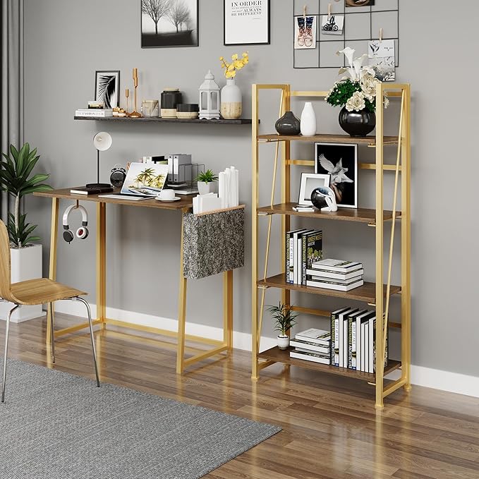 No-Assembly Folding Gold Bookshelf Storage Shelves 4 Tiers Vintage Multifunctional Plant Flower Stand Storage Rack Shelves Bookcase for Home Office - LeafyLoom