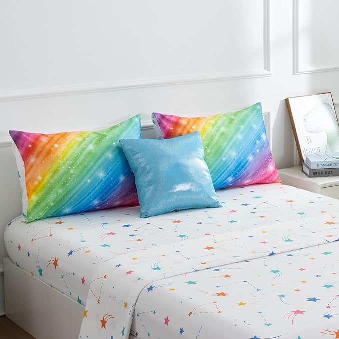 Btargot Super Soft 6 Pieces Gradient Star Ring Comforter Set, Colorful Glitter Rainbow Star Pattern Bedding Set for Boys Girls Teens,Full Multicolor - LeafyLoom