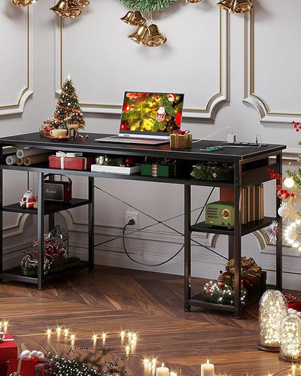 AODK 48 Inch Small Computer Desk with Power Outlets & Type-C, Writing Desk with Storage Shelves Headphone Hook, Student Laptop PC Desks for Small Spaces Home Office, Black - LeafyLoom