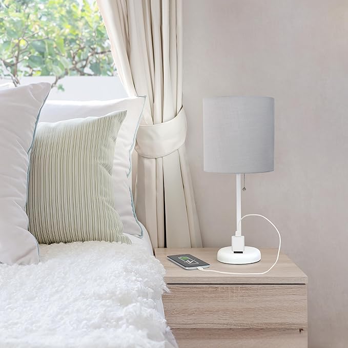 Simple Designs LT1144-GOW Sleek and Slender White Table Lamp with Charging Outlet for Bedroom, Living Room, Entryway, Office, Dining Room, Study, Gray Shade - LeafyLoom