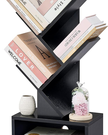 Hoctieon 3 Tier Tree Bookshelf, Small Bookcase with Drawer, Desktop Book Shelf, Display Floor Standing Storage Shelf, Book Organizer Shelves for Home Office, Black - LeafyLoom