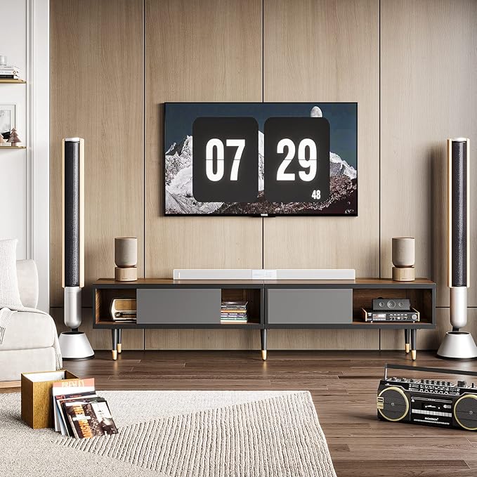 Bestier Mid Century Modern TV Stand for 85 inch tv, Entertainment Center with Storage and Sliding Doors, 2 in 1 Long TV Cabinet for Living Room, Ancona Walnut - LeafyLoom
