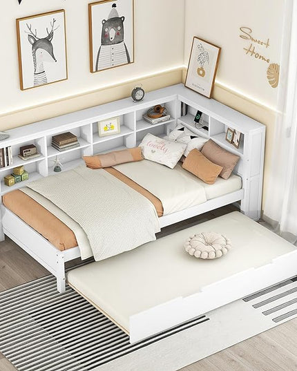 Wooden Twin Size DayBed with L-Shaped Bookcase Headboard and Trundle, Wood Twin Day Bed Frame with Storage Shelf and USB Charging Ports for Living Room Bedroom, White - LeafyLoom