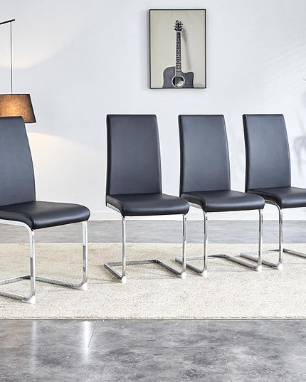 Modern Dining Chairs Set of 4, PU Faux Leather Backrest Cushioned Edge Chairs, Suitable for Dining, Kitchen, Dressing Table, Terrace, Black+PU - LeafyLoom