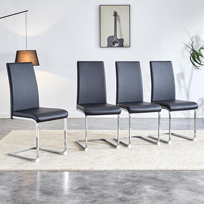 Modern Dining Chairs Set of 4, PU Faux Leather Backrest Cushioned Edge Chairs, Suitable for Dining, Kitchen, Dressing Table, Terrace, Black+PU - LeafyLoom