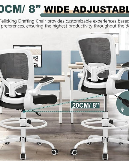 FelixKing Drafting Chair Ergonomic Tall Office Chair, Breathable Mesh Chair with Adjustable Footrest Ring Lumbar Support Flip-up Armrests, High Back Executive Comfy Task Computer Chair for Home Office - LeafyLoom