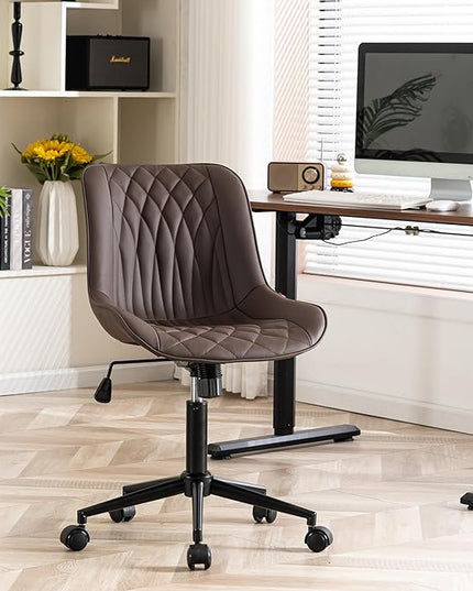 YOUNIKE Desk Chair with Wheels Armless Office Chair Swivel Rolling Task Chair with Back Upholstered Faux Leather Computer Chair Height Adjustable Modern Ergonomic Seat, Loads 300 lbs, Brown - LeafyLoom