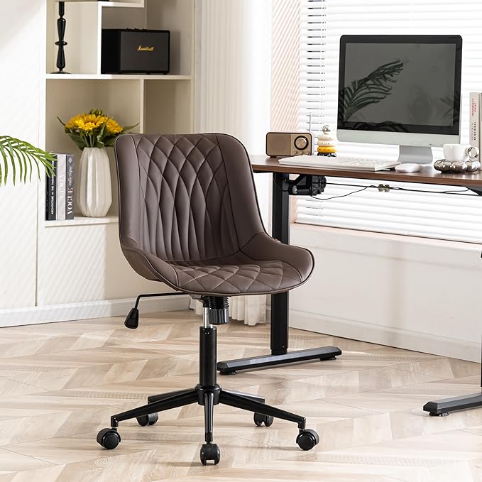 YOUNIKE Desk Chair with Wheels Armless Office Chair Swivel Rolling Task Chair with Back Upholstered Faux Leather Computer Chair Height Adjustable Modern Ergonomic Seat, Loads 300 lbs, Brown - LeafyLoom