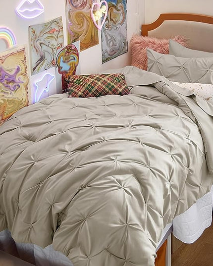 Bedsure Twin XL Comforter Set - Extra Long 5 Pieces Dorm Bedding Sets, Pinch Pleat Beige Bed in a Bag with Comforter, Pillowcase & Sham - LeafyLoom