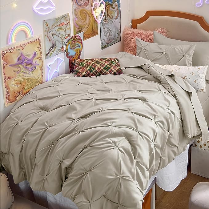 Bedsure Twin XL Comforter Set - Extra Long 5 Pieces Dorm Bedding Sets, Pinch Pleat Beige Bed in a Bag with Comforter, Pillowcase & Sham - LeafyLoom