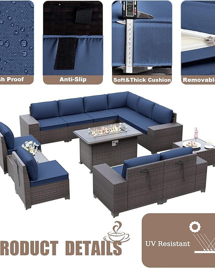 13PCS Patio Furniture Sectional Sofa Set PE Rattan Patio Conversation Set w/43in Gas Fire Pit Table, Outdoor Furniture with 55000 BTU Propane Fire Pit, Navy Blue - LeafyLoom