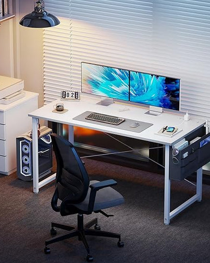 KKL Small Desk with Power Outlets and USB Port Computer Desk for Home Office Gaming Simple Modern Style Writing Desks with Storage Bag Headphone Hook, 48 inch, White - LeafyLoom