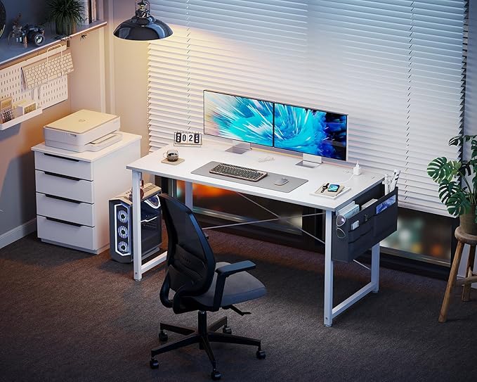 KKL Small Desk with Power Outlets and USB Port Computer Desk for Home Office Gaming Simple Modern Style Writing Desks with Storage Bag Headphone Hook, 48 inch, White - LeafyLoom