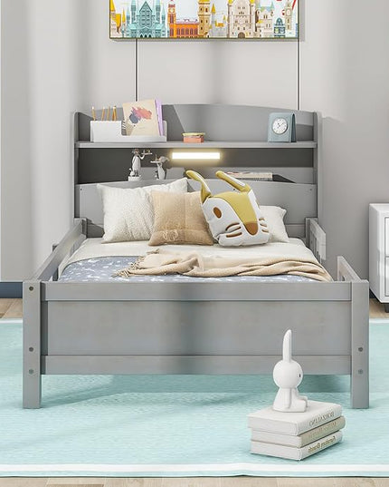 Twin Size Platform Bed with Built-in LED Light,Multi-functional Wood Beds Frame,w/ 2 Storage Shelves Headboard and Guardrail,for Apartment,Bedroom,Living Room,Antique Grey - LeafyLoom