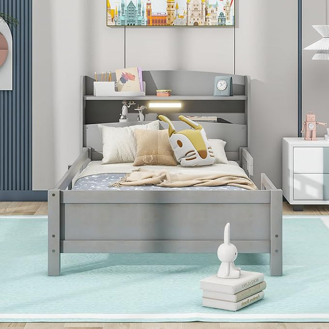 Twin Size Platform Bed with Built-in LED Light,Multi-functional Wood Beds Frame,w/ 2 Storage Shelves Headboard and Guardrail,for Apartment,Bedroom,Living Room,Antique Grey - LeafyLoom