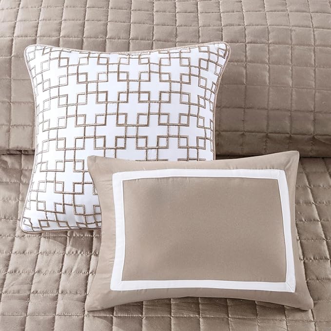 Madison Park Comforter Set and Quilt Combo, Chic Hotel Bedding Queen/Full Size Comforter Sets, Heritage Soft Microfiber, Quilted Coverlet, Shams, Throw Pillow, King/Cal King, Taupe 8 Piece - LeafyLoom