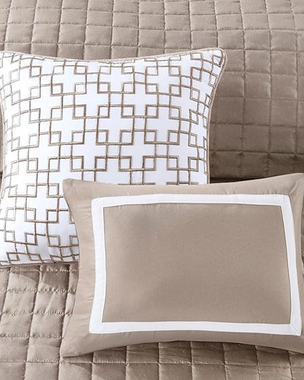 Madison Park Comforter Set and Quilt Combo, Chic Hotel Bedding Queen/Full Size Comforter Sets, Heritage Soft Microfiber, Quilted Coverlet, Shams, Throw Pillow, Full/Queen, Taupe 8 Piece - LeafyLoom