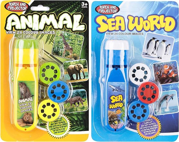 Georgie Porgy Children Projector Toys Educational Science Set Wall Ceiling Tent Torch Flashlight for Kids Gifts for Boys Girls with 2pcs Tattoo Stickers (Wild Animal + Sea World) - LeafyLoom