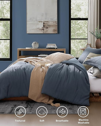 Grey Blue King Size Comforter Set, Modern Comforter for Crinkle Design King Bed Set, King Bedding Set 3 Piece with Minimalist Comforter & Shams (King, 102"x90",Blue) - LeafyLoom