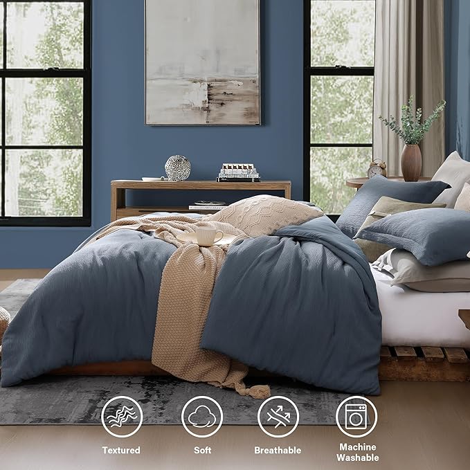 Grey Blue King Size Comforter Set, Modern Comforter for Crinkle Design King Bed Set, King Bedding Set 3 Piece with Minimalist Comforter & Shams (King, 102"x90",Blue) - LeafyLoom