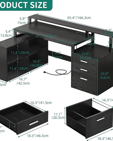 YITAHOME L Shaped Desk with 3 Drawers, 65" Corner Computer Desk with Power Outlets & LED Lights, L-Shaped Desk with File Cabinet & Printer Stand for Home Office, Black - LeafyLoom
