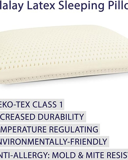 American Talalay Latex Medium Support Bed Pillow for Sleeping with Luxurious 100% Cotton Sateen, 400TC Cover, Standard High Profile – Made in USA - LeafyLoom