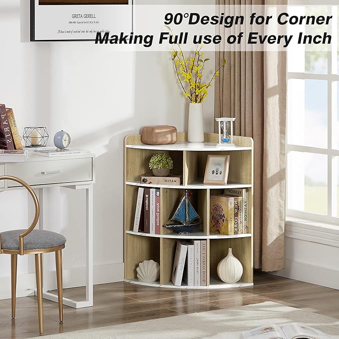 Vecelo 3-Tier Corner Cabinet with 8 Cubbies, Wooden Cube Storage Organizer, Modern Bookshelf Units for Playroom, Bedroom, Living Room, Marble White - LeafyLoom