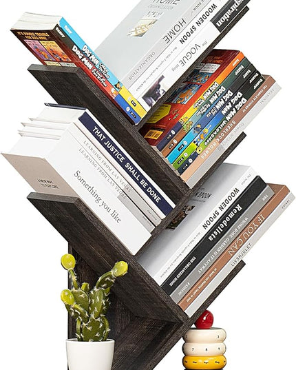 5 Tier Tree Book Shelf, Small Desktop Bookshelf with Storage Organizer, Wood Bookcase, Desk Display Bookshelves, Floor Standing Organizer Bookcases for Living Room,Bedroom,Office-Dark Grey - LeafyLoom