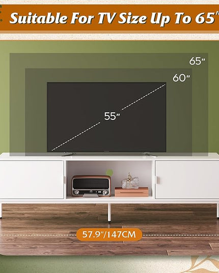 WLIVE Modern TV Stand for 65 Inch TV, Mid Century Entainment Center with Storage, TV Console with Open Shelf and 2 Cabinets for Bedroom and Living Room, TV Cabinet with Metal Legs, White - LeafyLoom