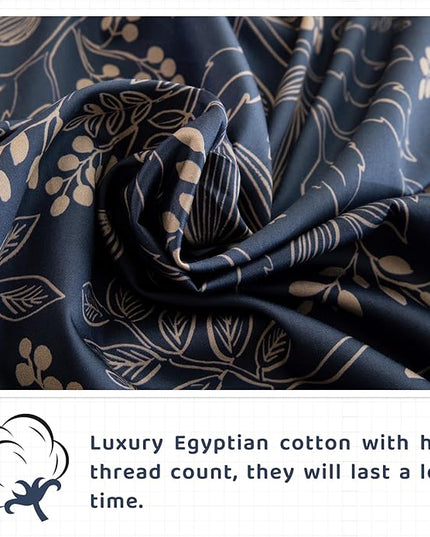 QSH Floral Egyptian Cotton Sheets Queen Size - Elegant Navy Botanical Pattern Printed Bedding Sheets Queen Size Bed Extra Soft and Breathable 4pcs Deep Pockets Bed Sheets - LeafyLoom