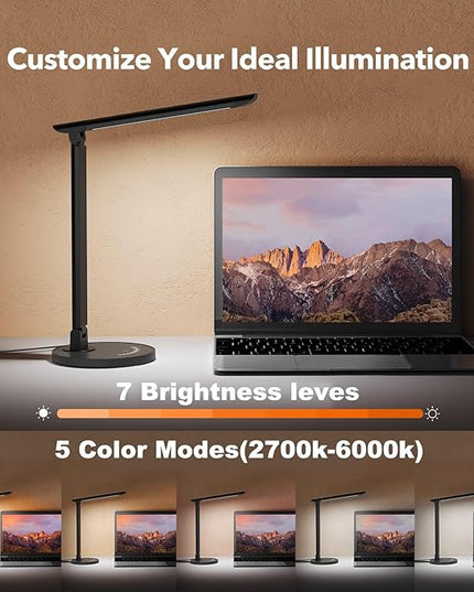 LED Desk Lamp, Metal Desk Light 12W 550lm, Dimmable Touch Control Lamp with USB Charging Port, Eye-Caring Desk Light with 5 Color Modes with 7 Brightness Levels, for Home, Office, School, Black - LeafyLoom