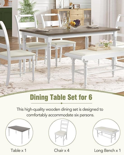 Dining Table Set for 6, 6-Piece Dining Table and Chair Set with Turned Legs,Upholstered Dining Chairs and Bench, Dining Room Table Set for Living Room, White - LeafyLoom