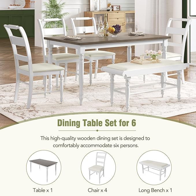 Dining Table Set for 6, 6-Piece Dining Table and Chair Set with Turned Legs,Upholstered Dining Chairs and Bench, Dining Room Table Set for Living Room, White - LeafyLoom