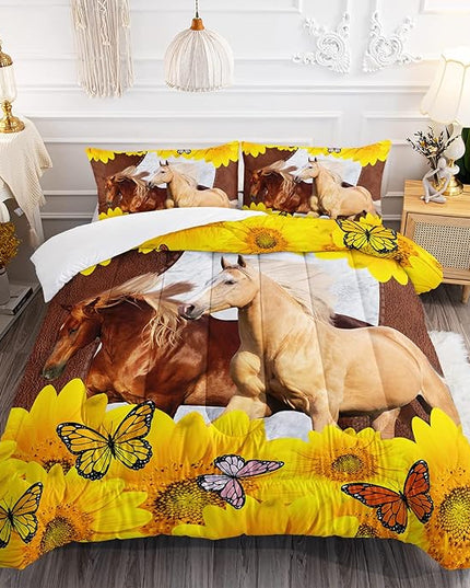 Kid Galloping Horse Comforter Sunflower Butterfly Cowhide Horse Bedding Set for Boys Girls Adult, 1 Comforter + 2 Pillowcases - LeafyLoom