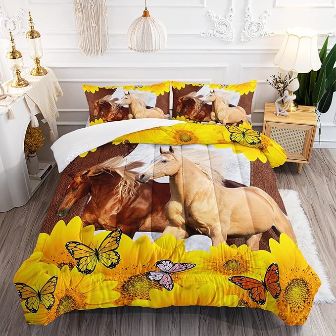 Kid Galloping Horse Comforter Sunflower Butterfly Cowhide Horse Bedding Set for Boys Girls Adult, 1 Comforter + 2 Pillowcases - LeafyLoom