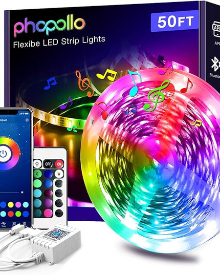 PHOPOLLO Bluetooth Led Strip Lights 50ft 5050 RGB Color Changing LED Lights for Bedroom, Kitchen Decoration, App Control and Music Sync. Phopollo