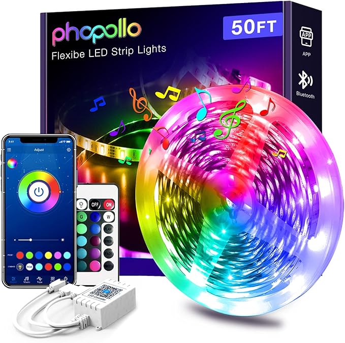 PHOPOLLO Bluetooth Led Strip Lights 50ft 5050 RGB Color Changing LED Lights for Bedroom, Kitchen Decoration, App Control and Music Sync. Phopollo