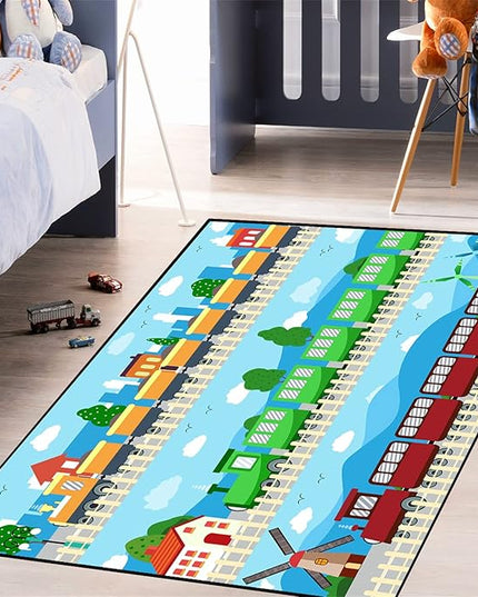 Train Rug Car Rug Play Mat Truck Rugs for Boys Room Kids Car Rug Truck Car Rug Car Carpet for Kids Kids Rugs for Playroom Car Rug for Boys Room,Light Blue 3'×5' - LeafyLoom