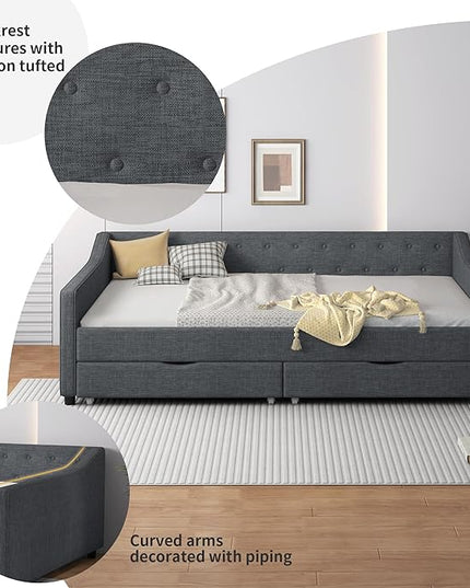 Full Size Upholstered Daybed with 2 Drawers,Wood Sofa Bed Frame W/Button Tufted Backrest and Waved Shape Arms,Slats Support,Linen Fabric Day Bed,for Bedroom,Living Room,Apartment,Dark Gray - LeafyLoom