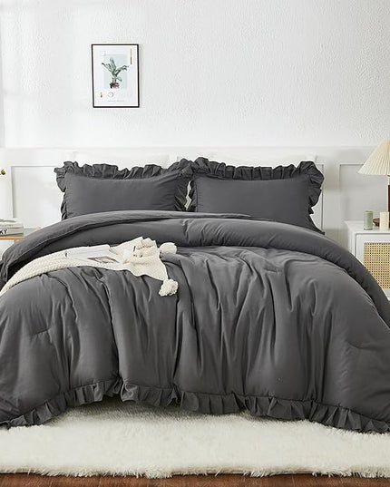 Andency Dark Gray Twin Size Comforter, 2 Pieces Kids All Season Ruffle Bed Comforter Set, Boho Lightweight Solid Farmhouse Shabby Chic Bedding Comforters & Sets (66x90Inch Comforter) - LeafyLoom