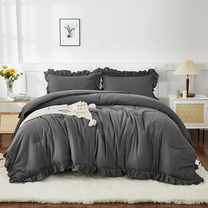 Andency Dark Gray Comforter Set Full, 3 Pieces Full Bed Solid Bedding Comforters & Sets, (1 Ruffle Comforter and 2 Pillowcases) All Season Lightweight Fluffy Soft Microfiber Bedding Set(79x90Inch) - LeafyLoom