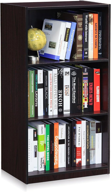 Furinno Basic 3-Tier Bookcase Storage Shelves, Dark Walnut - LeafyLoom