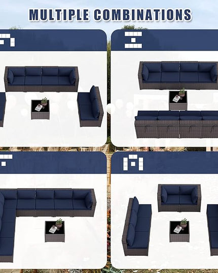 Patio Furniture Set 9-Pieces Outdoor Furniture for Backyard Wicker Sectional Sofa Set, Rattan Patio Conversation Set with Thickened Cushions and Glass Coffee Table, Navy Blue - LeafyLoom