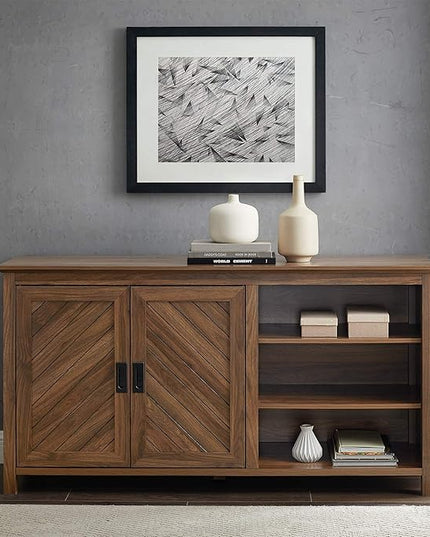 Walker Edison Modern Wood Grooved Buffet Sideboard with Open Storage-Entryway Serving Storage Cabinet Doors-Dining Room Console, 58 Inch, Dark Walnut - LeafyLoom