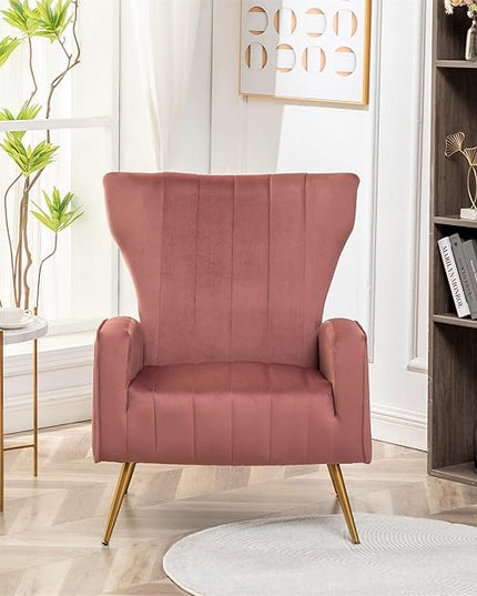 Armchair Modern Velvet Accent Chair, Channel Tufted Bedroom, Office or Living Room Furniture with Elegant Metal Legs, Rose - LeafyLoom