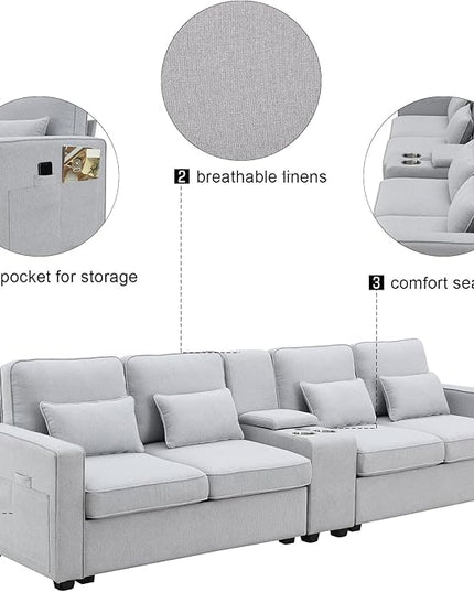 114" Modern Sofa, 4-seat Couch with Console, 2 Cupholders and 2 USB Ports Wired or Wirelessly Charged and 4 Pillows for Living Room, Apartment, 114.2inch, Light Gray - LeafyLoom
