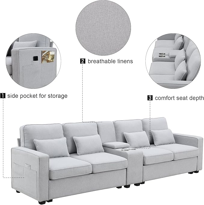 114" Modern Sofa, 4-seat Couch with Console, 2 Cupholders and 2 USB Ports Wired or Wirelessly Charged and 4 Pillows for Living Room, Apartment, 114.2inch, Light Gray - LeafyLoom
